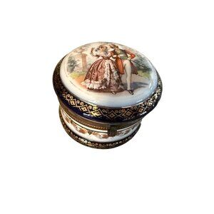 Antique Czech Porcelain Trinket Box Victorian Lovers Scene Hinged Lid Blue Gold
